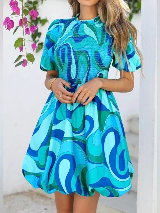 KIRUNDO  Smocked Puff Short Sleeve Boho Ruffle Crewneck Bubble Mini Dress - Picture 4 of 6